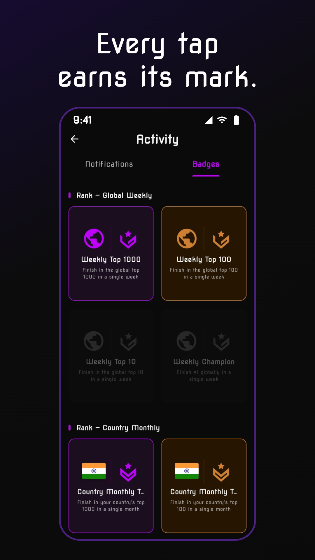 Badges screen showing a grid of 44 earned achievement badges